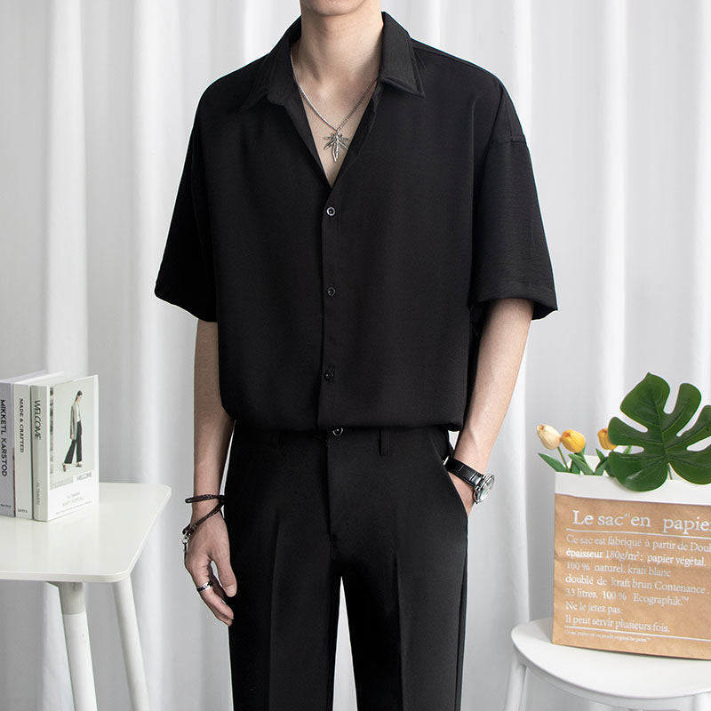 Men's High-End Ice Silk Loose Fit Black Summer Shirt