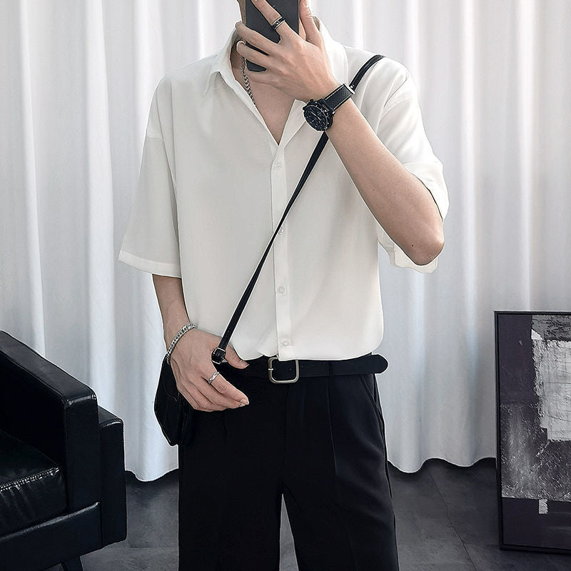 Men's High-End Ice Silk Loose Fit Black Summer Shirt