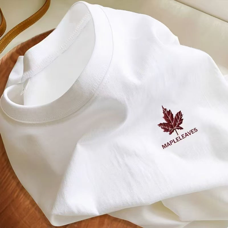 Maple leaf white sculpted round neck tee in premium long-staple cotton