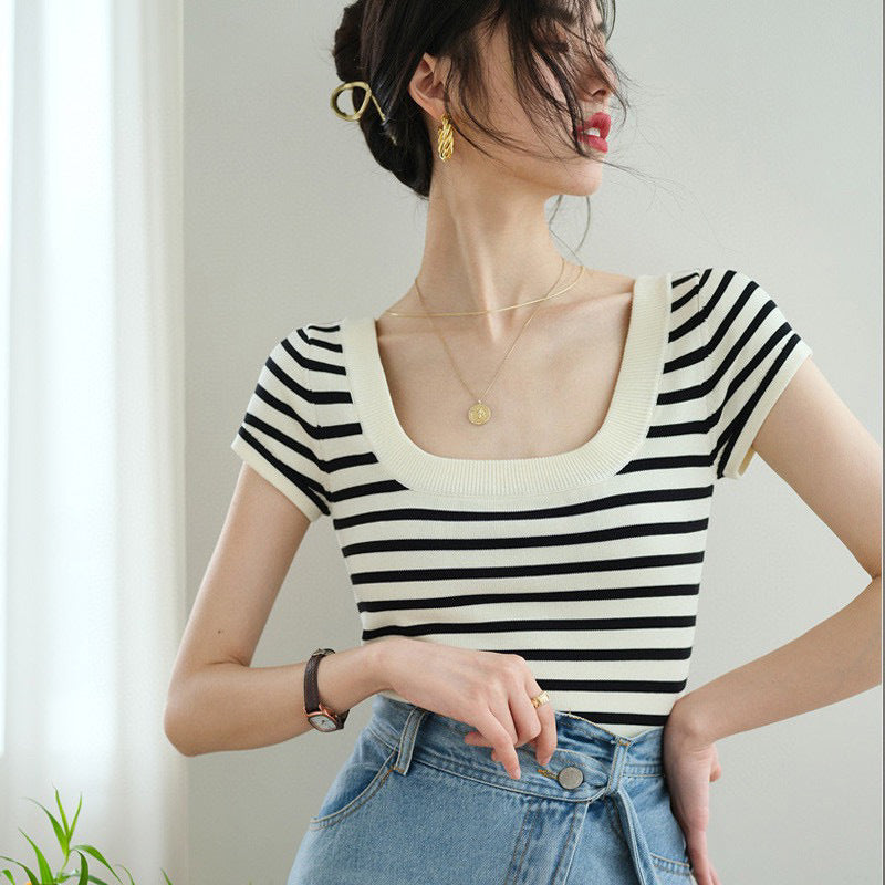 Double U-Neck Striped Knit Top in Cooling Ice Silk