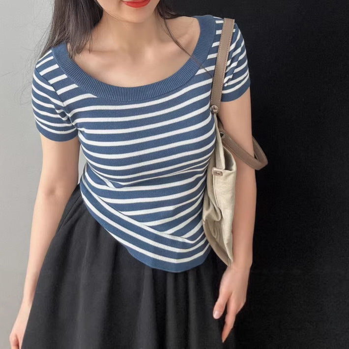 Double u-neck striped knit top in cooling ice silk
