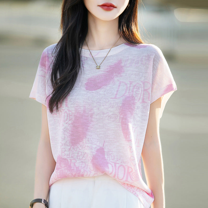 Bamboo Linen Tie-Dye Tee with Elegant Flutter Sleeves