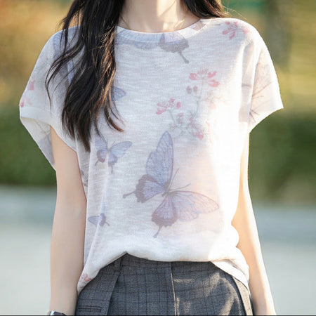 Green smudge bamboo linen tie-dye tee with elegant flutter sleeves