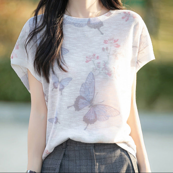 Green smudge bamboo linen tie-dye tee with elegant flutter sleeves