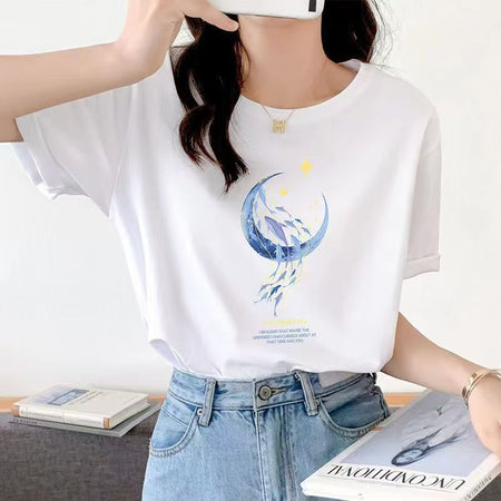 White moon dolphin premium pure cotton half-sleeve tee with artful print