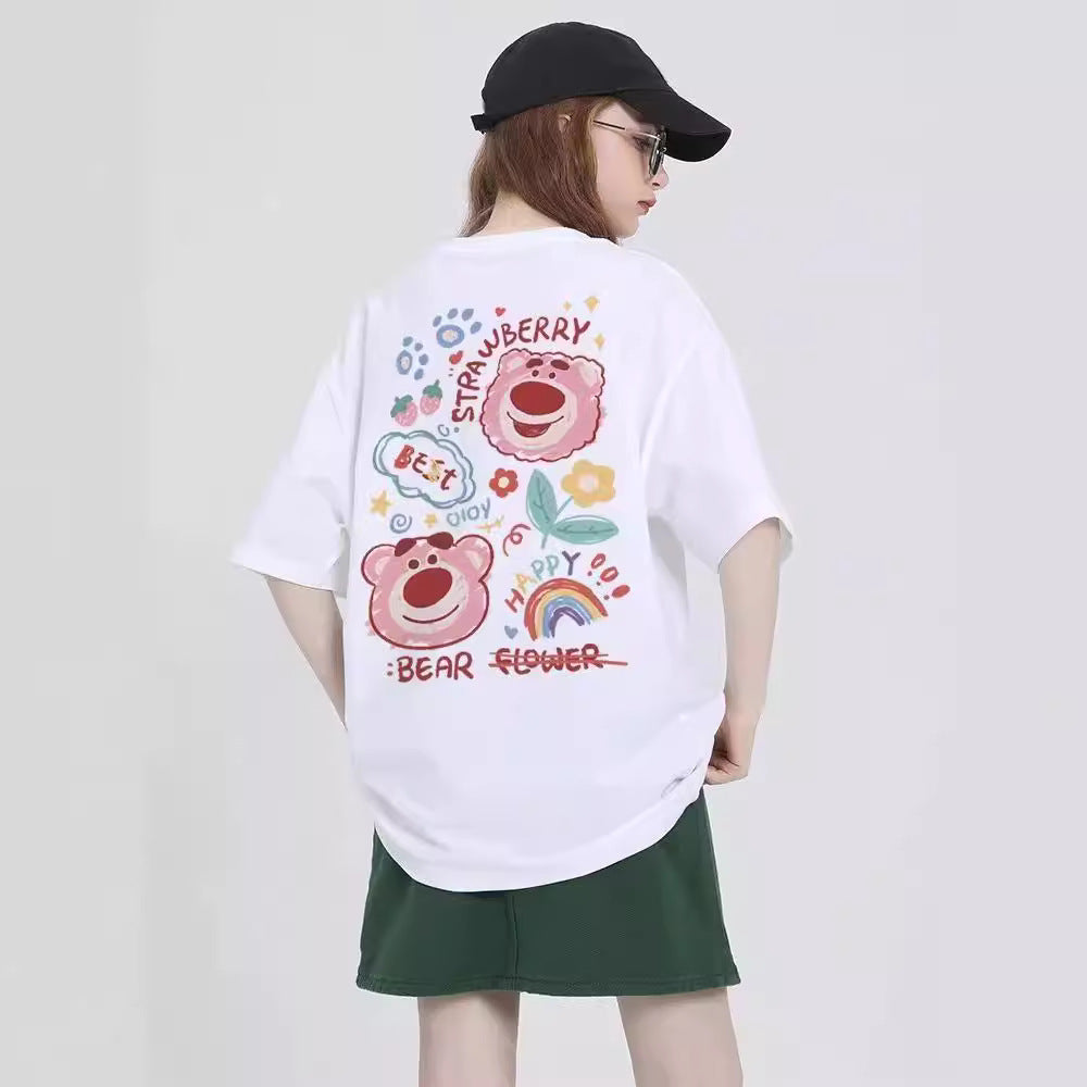 Pink strawberry bear sculpted off-shoulder pure cotton tee with artful motif