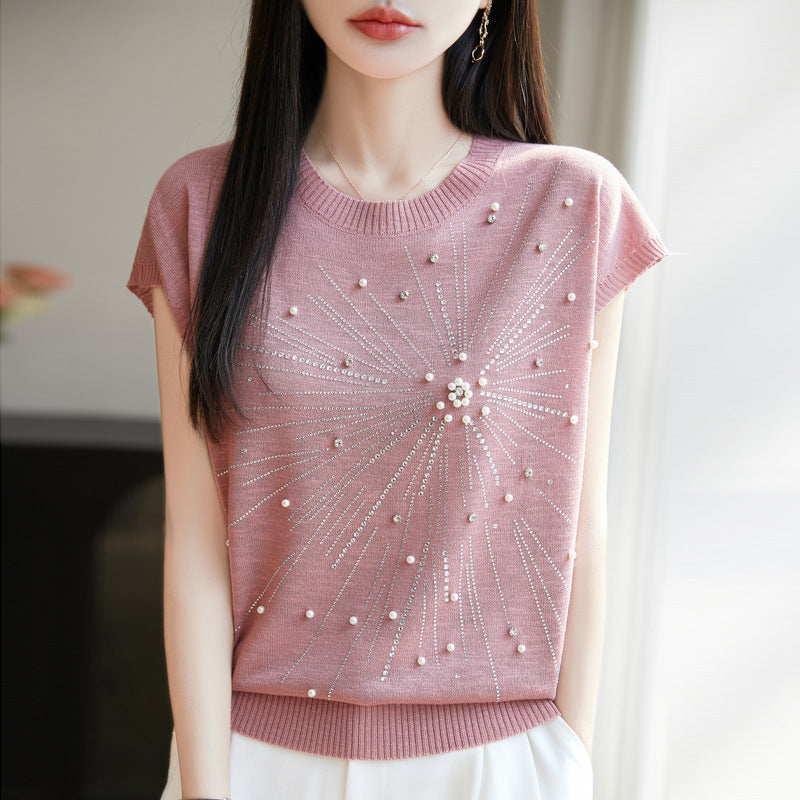 Beaded Bamboo Knot Knit Tee with Flutter Sleeves