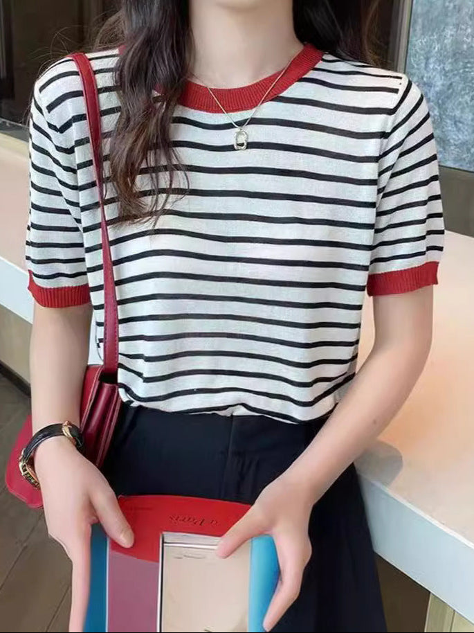 Black stripes and red ice silk striped knit top with elegant color-blocking