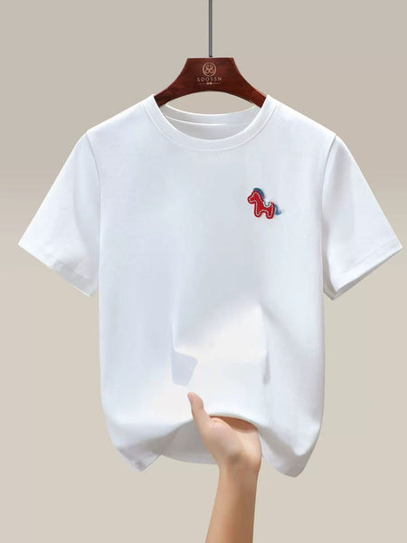 White little red horse pony embroidered pure cotton short-sleeve purple t-shirt