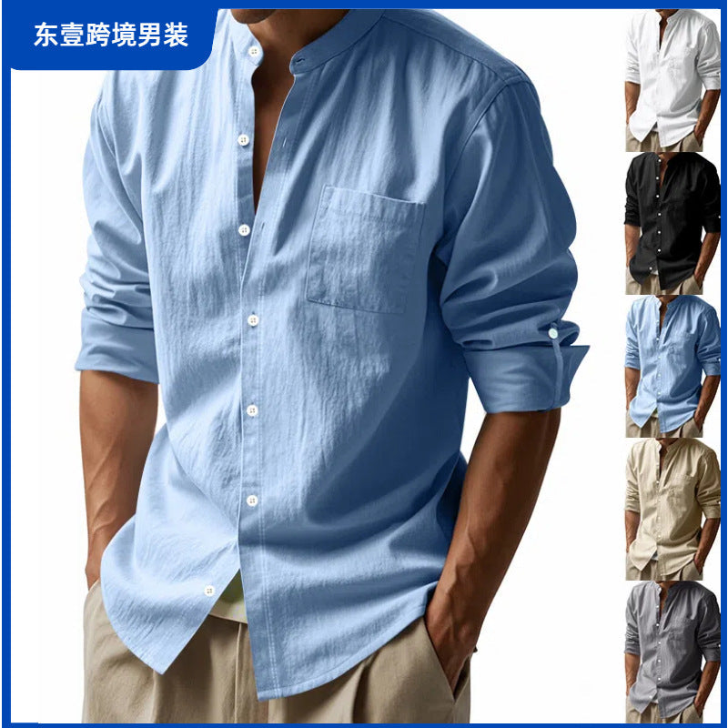 Men's Refined Linen Stand Collar Shirt with Flap Pockets