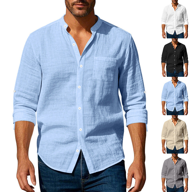 Men's Linen Stand Collar Shirt with Refined Pocket Detail