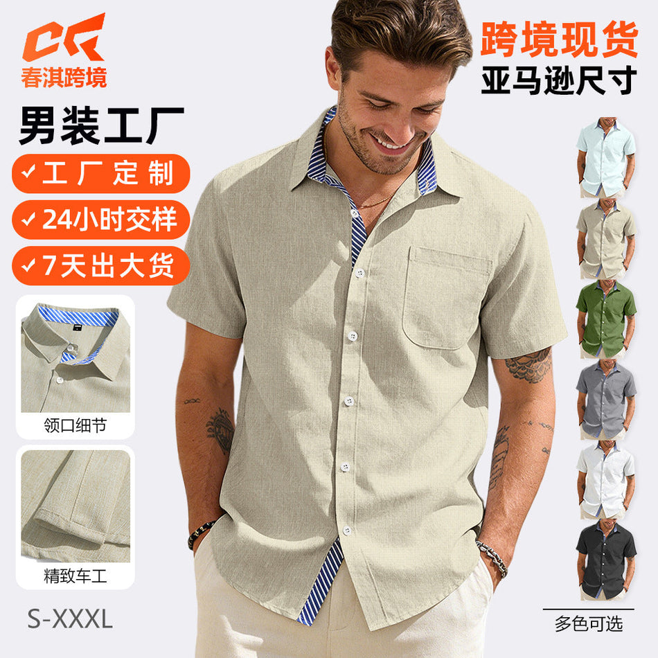 Men's American-Style Cotton Linen Short-Sleeved Pocket Shirt
