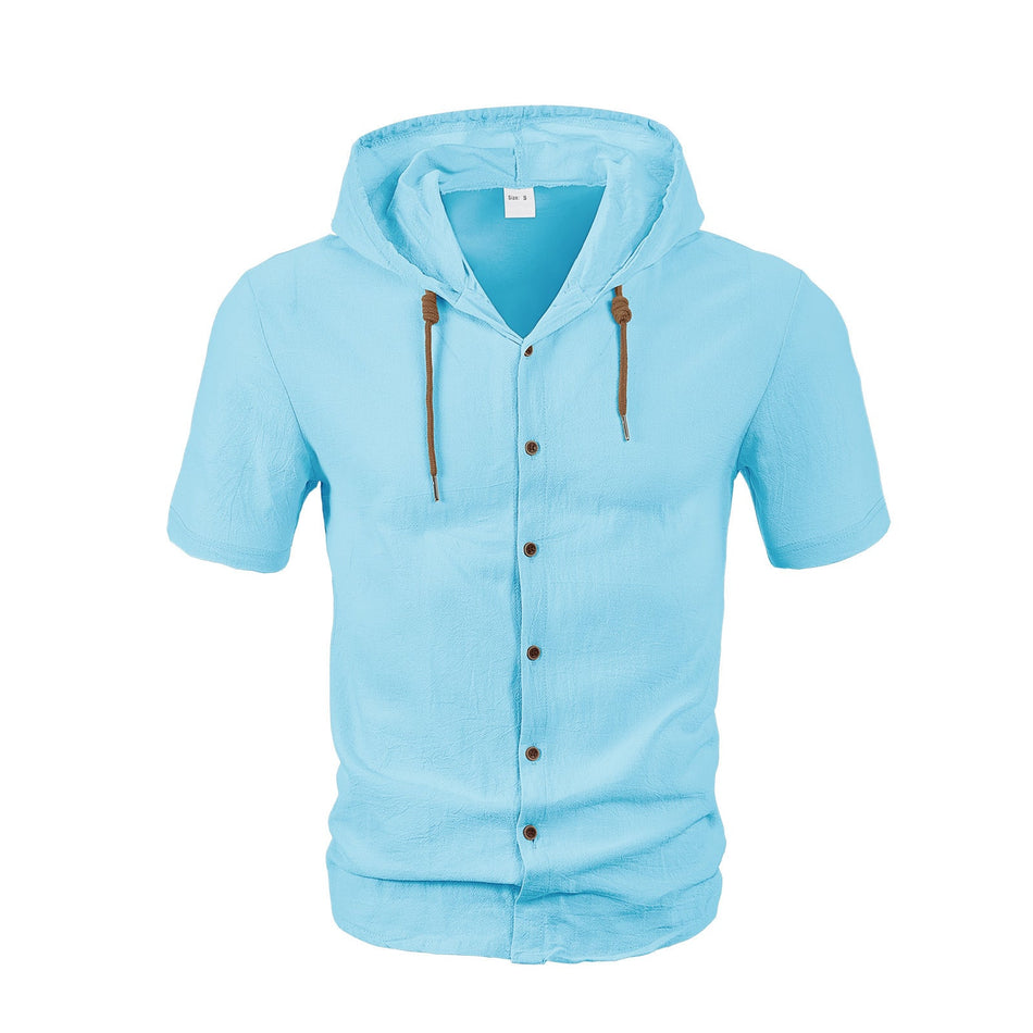 Men's Hooded Cotton Linen Short-Sleeved Cardigan Shirt