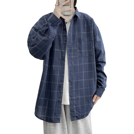 Navy Blue Plaid men's casual shirt - button-up design with relaxed comfortable fit