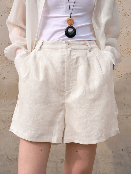 Hemp color high-waisted pure linen commuter shorts in alabaster