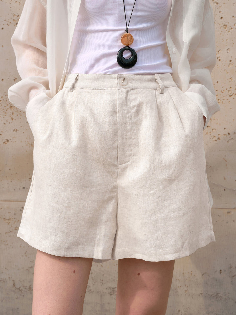 Hemp color high-waisted pure linen commuter shorts in alabaster