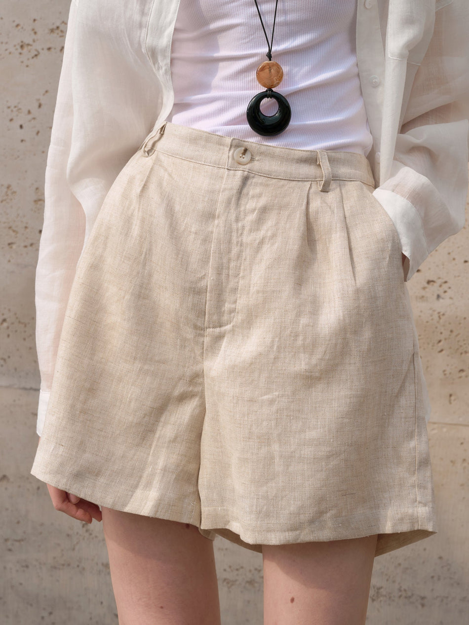 High-Waisted Pure Linen Commuter Shorts in Alabaster