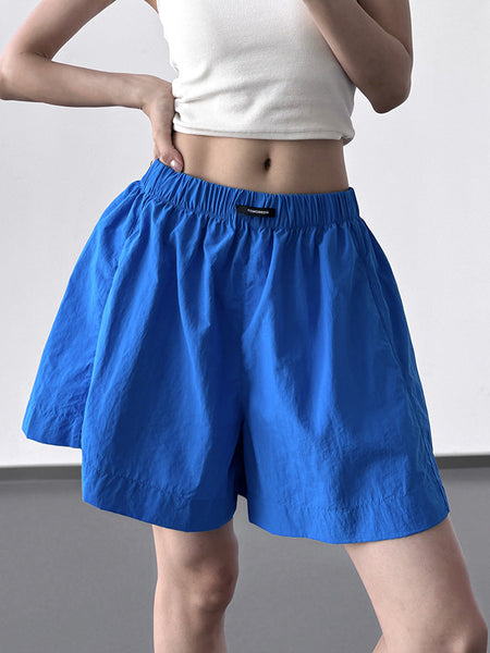 Pink high-waisted a-line quick-dry shorts in azure blue