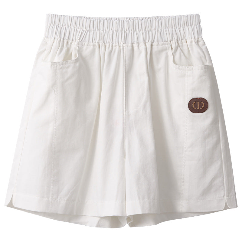 White high-waisted straight-leg cotton five-point shorts