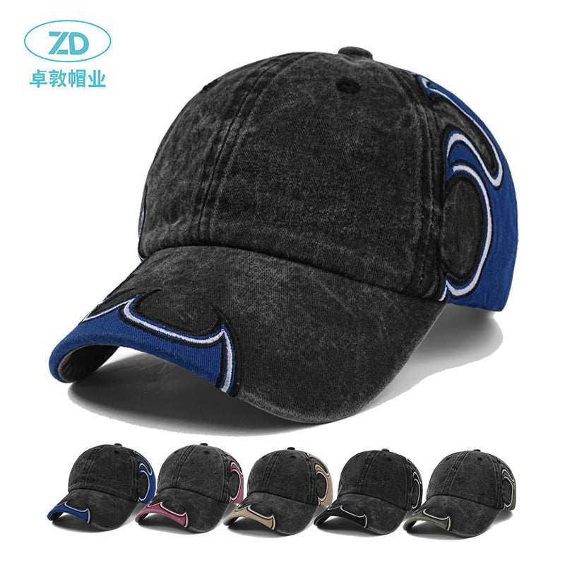 Flame Patch Embroidered Washed Cotton Retro Baseball Cap