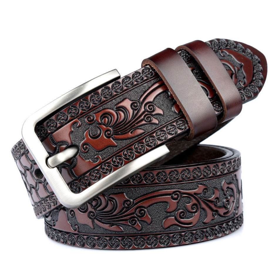 Men’s Hand-Carved Genuine Leather Belt for Denim and Casual Wear