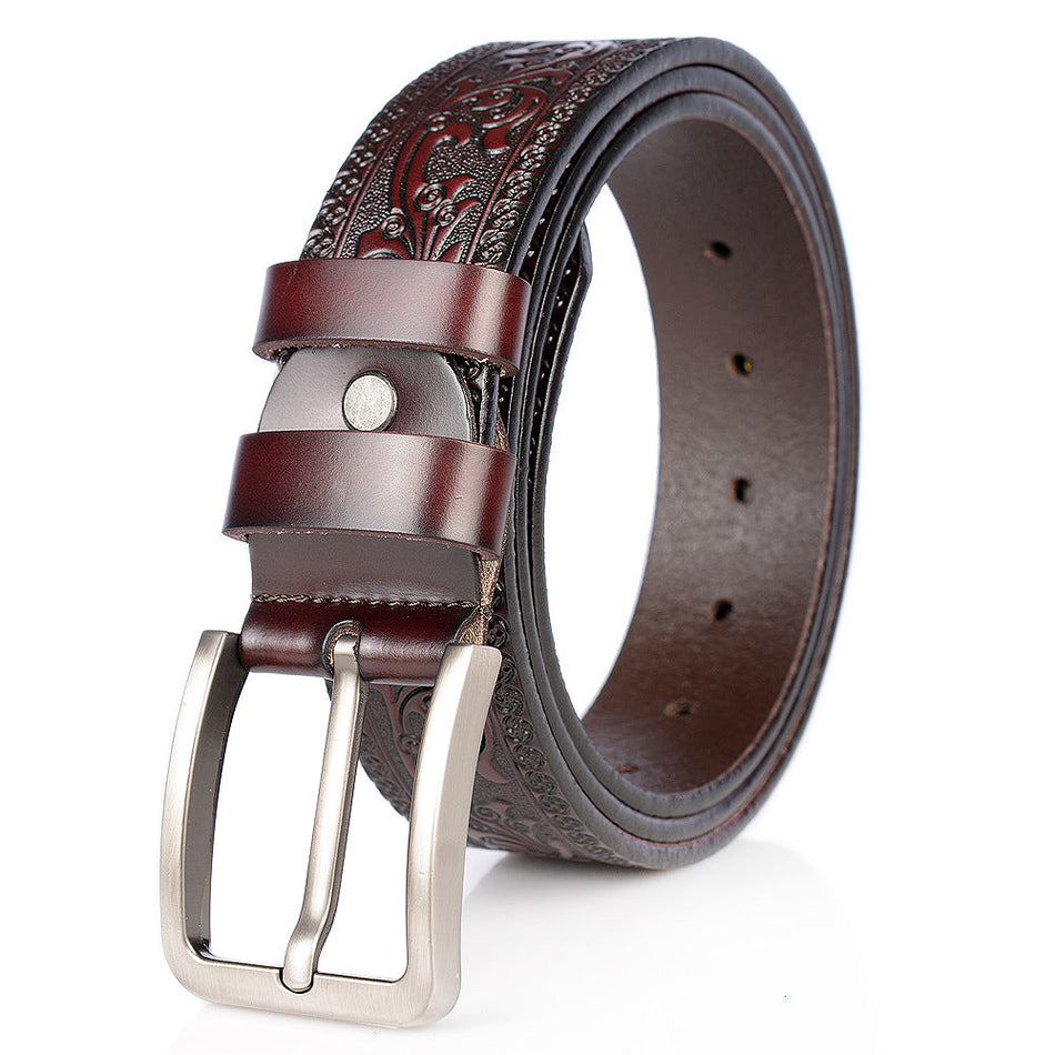 Men’s Hand-Carved Genuine Leather Belt for Denim and Casual Wear