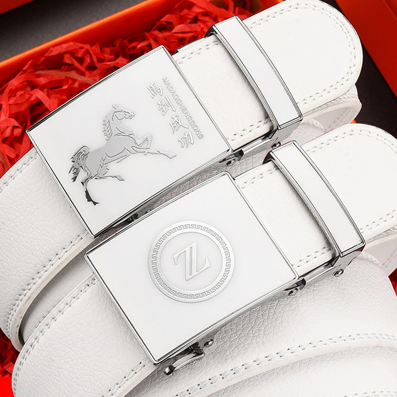 Men’s White Genuine Leather Belt with Monogram Automatic Buckle