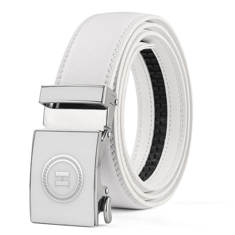 Men’s White Genuine Leather Belt with Monogram Automatic Buckle