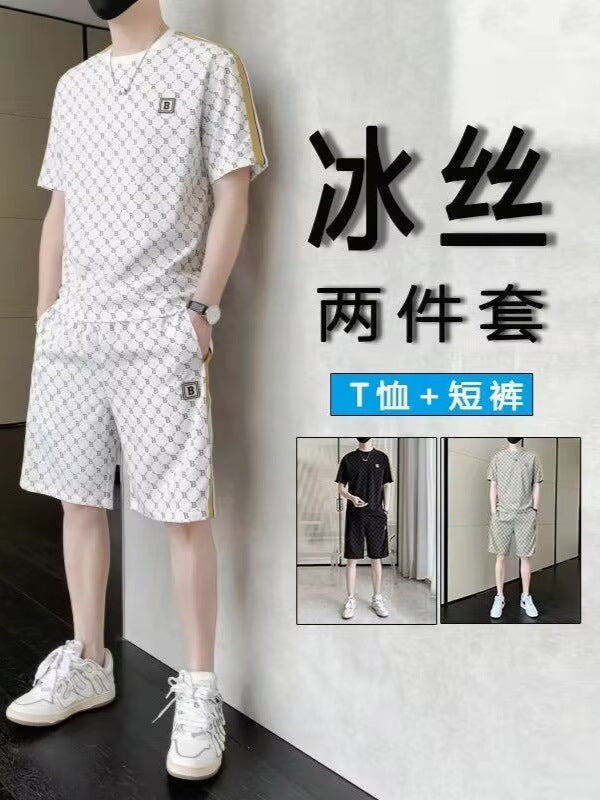 Men’s Ice Silk Breathable Sports T-Shirt and Shorts Set