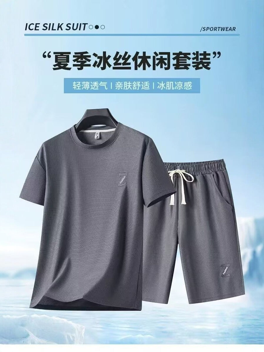 Men’s Ice Silk Breathable Short-Sleeved T-Shirt and Shorts Set