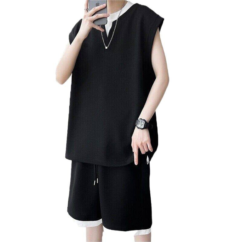 Men’s Waffle Knit Sleeveless Vest and Shorts Sports Set