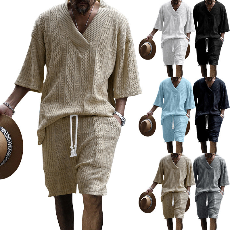 Men’s Summer Jacquard V-Neck T-Shirt and Loose Shorts Set