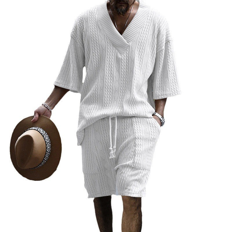 Men’s Summer Jacquard V-Neck T-Shirt and Loose Shorts Set