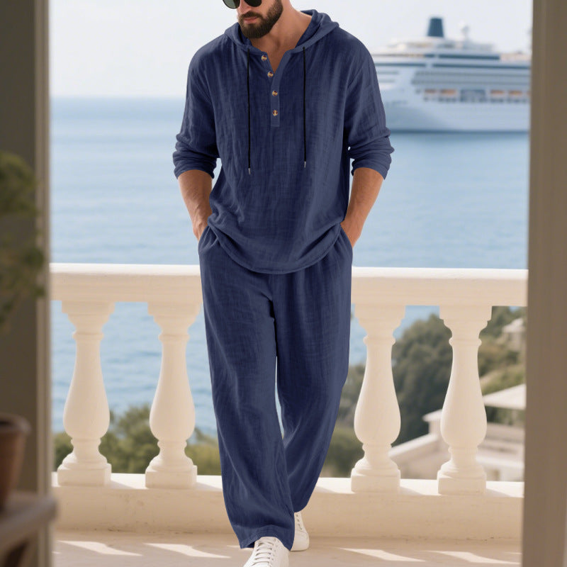 Men’s Relaxed Linen Hooded Henley Shirt and Trousers Set