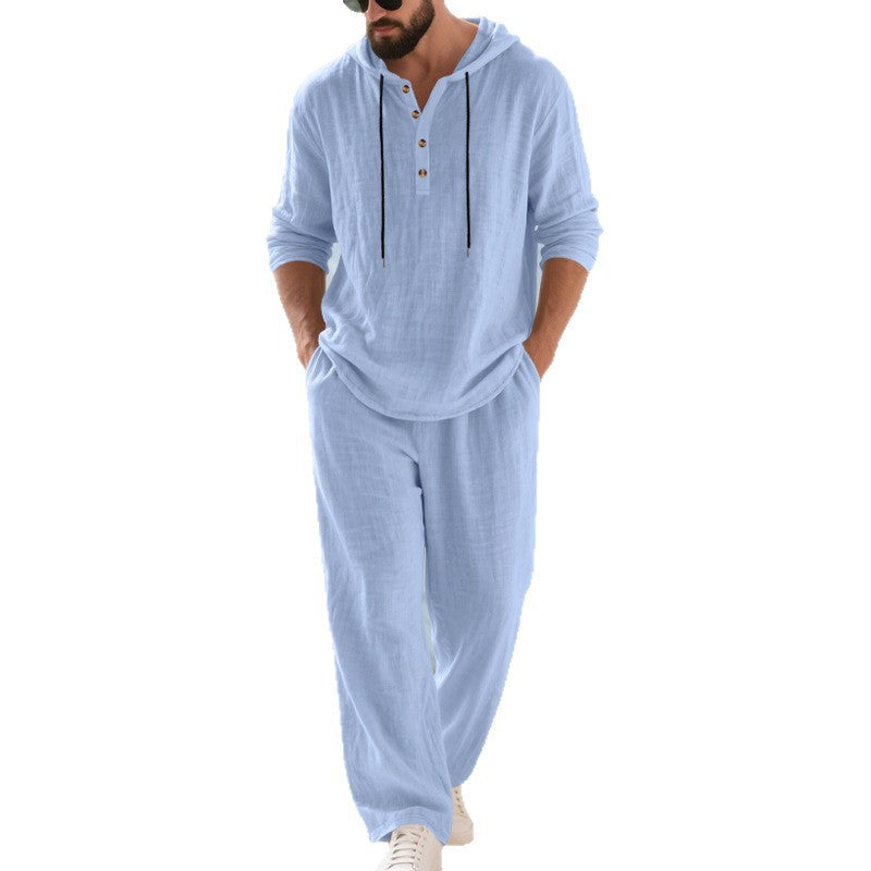 Men’s Relaxed Linen Hooded Henley Shirt and Trousers Set