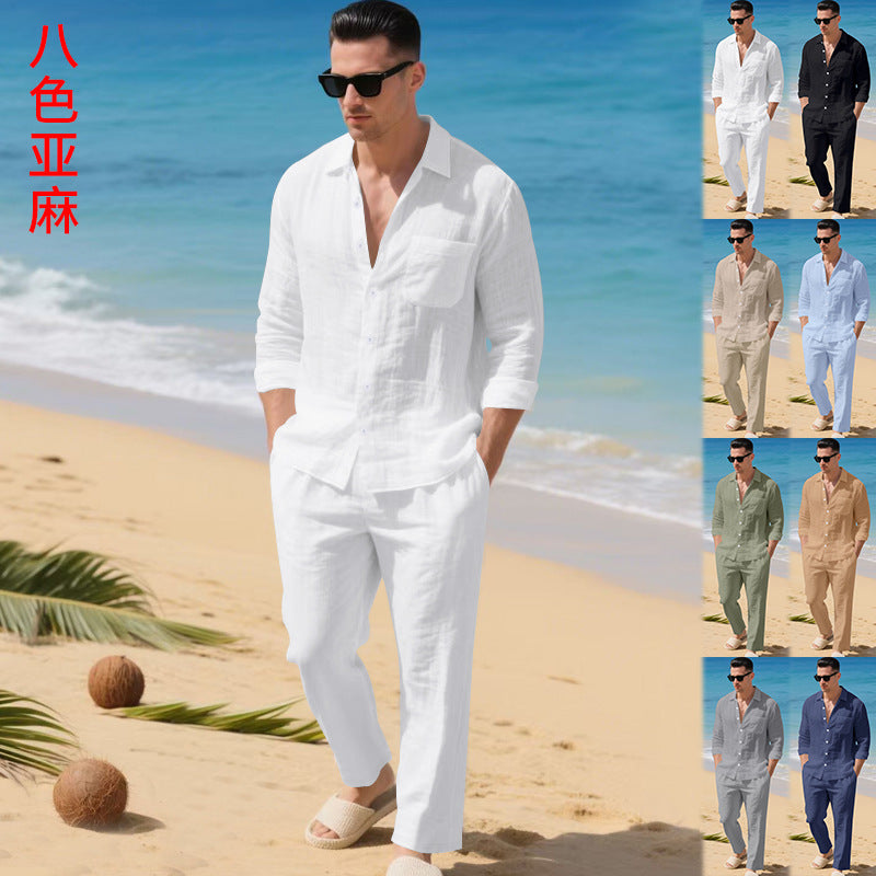 Men’s Relaxed Linen Lapel Shirt and Long Trousers Set