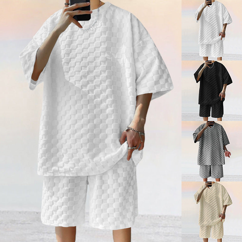 Men’s Jacquard Plaid Short-Sleeved T-Shirt and Shorts Set