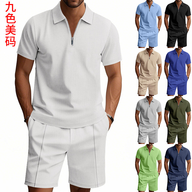 Men's Waffle Knit Summer Suit: Short Sleeve Lapel Set