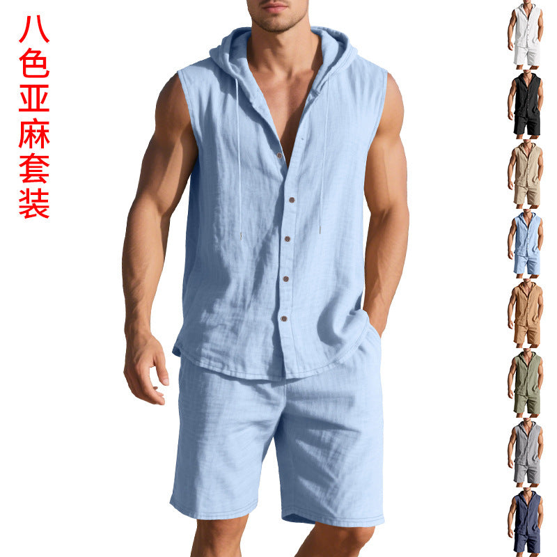 Men’s Relaxed Linen Hooded Sleeveless Shirt and Shorts Set