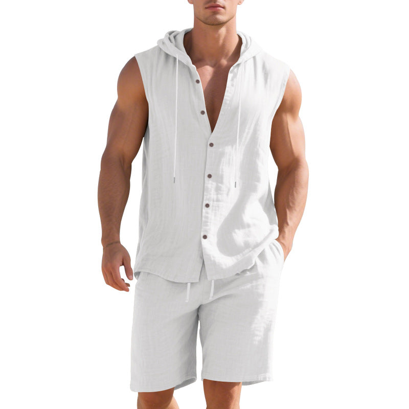 Men’s Relaxed Linen Hooded Sleeveless Shirt and Shorts Set