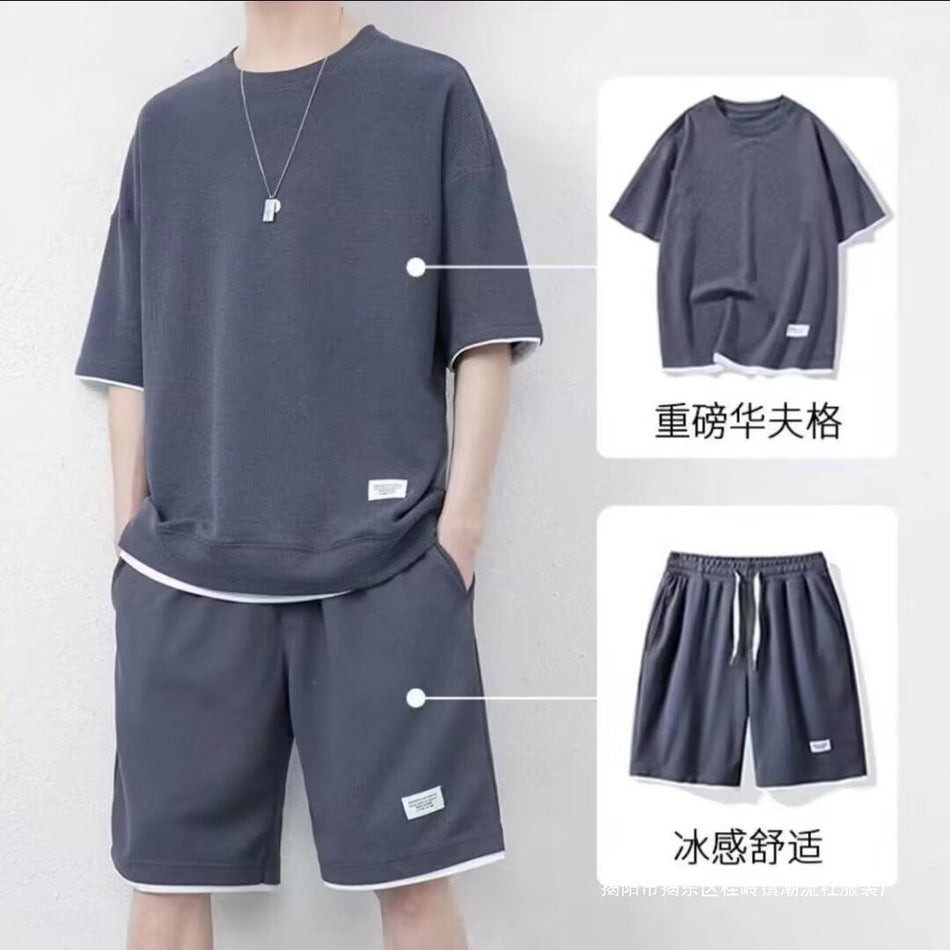 Men’s Waffle Knit Layered Summer Set: Crewneck Top and Shorts