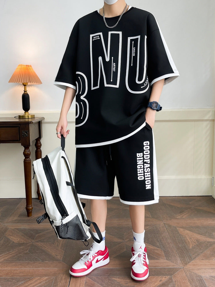 Men's Silk Cotton Plus-Size Summer Set: Crewneck Top and Shorts