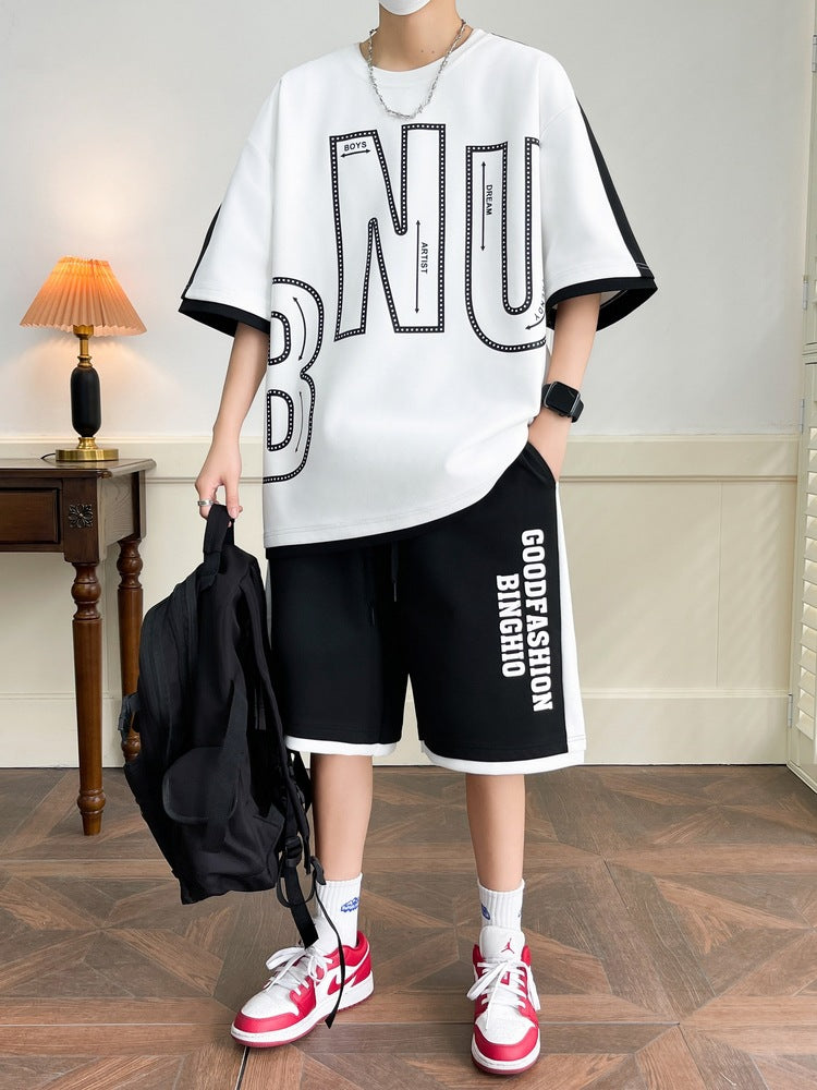 Men's Silk Cotton Plus-Size Summer Set: Crewneck Top and Shorts