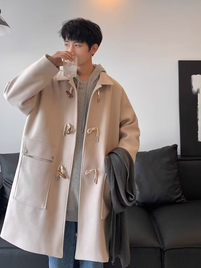 Men’s Mid-Length Woolen Overcoat with Classic Toggle Closures