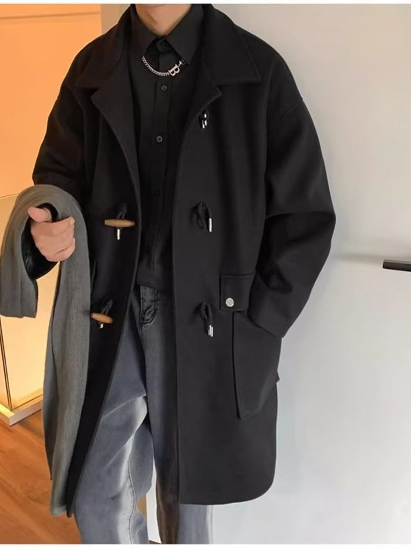 Men’s Mid-Length Woolen Overcoat with Classic Toggle Closures