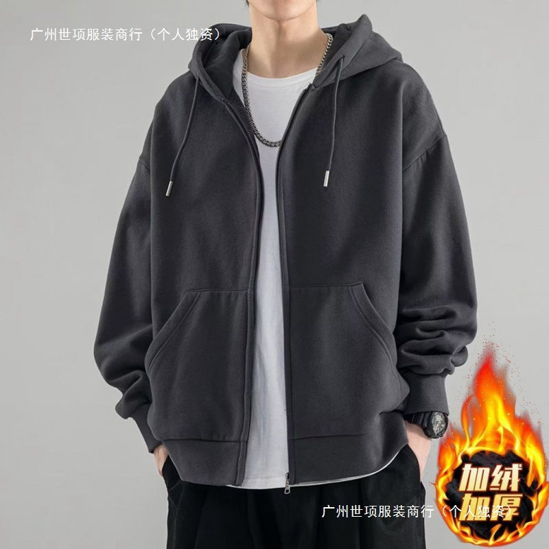 Men’s Heavyweight 500G Pure Color Zip-Up Hooded Cardigan