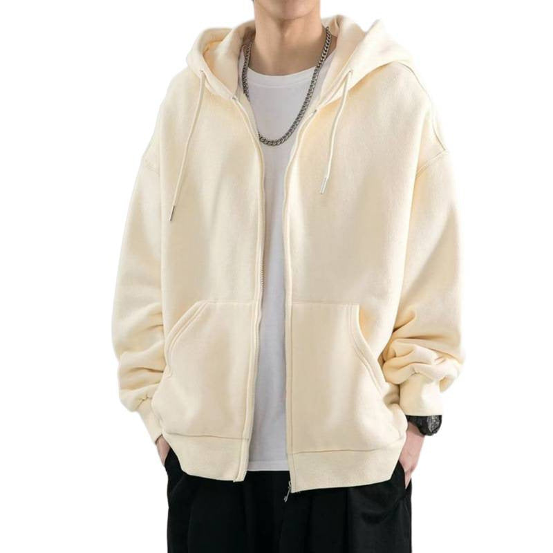 Men’s Heavyweight 500G Pure Color Zip-Up Hooded Cardigan