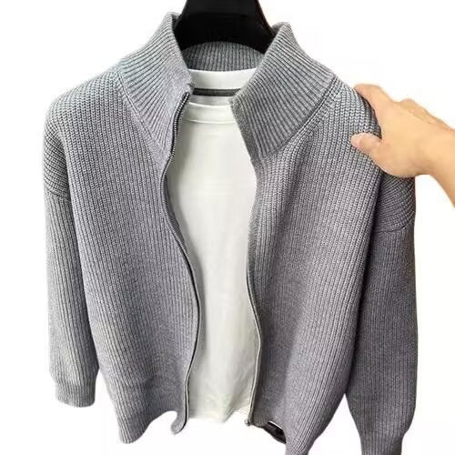 Men’s Solid Color Slim-Fit Stand Collar Zip-Up Knit Cardigan