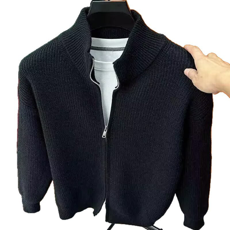 Men’s Solid Color Slim-Fit Stand Collar Zip-Up Knit Cardigan