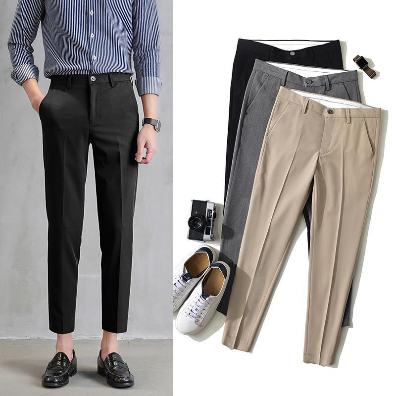 Men’s Korean Style Slim-Fit Draped Cropped Suit Trousers